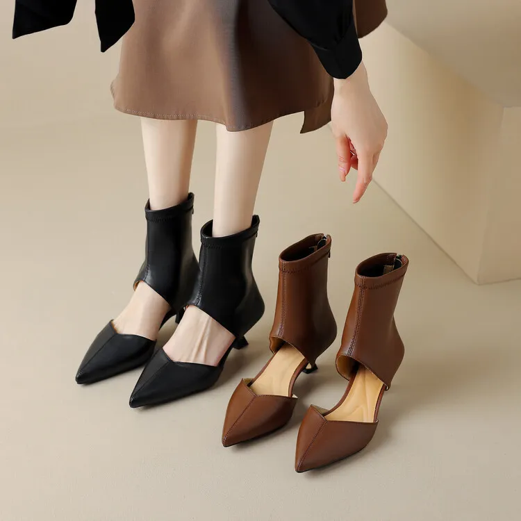 Spring/Summer Pointed-Toe Stiletto Heel Elastic Slim Fashion Ankle Boots with Hollow-Out Design Women's Boots 4-7t