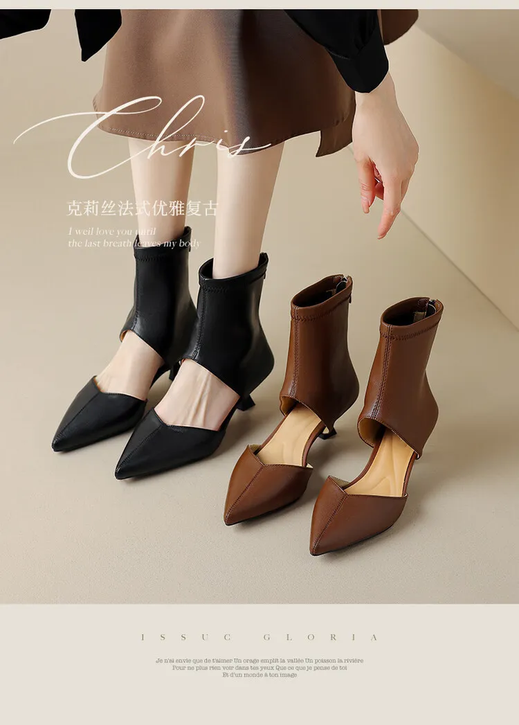 Spring/Summer Pointed-Toe Stiletto Heel Elastic Slim Fashion Ankle Boots with Hollow-Out Design Women's Boots 4-7t