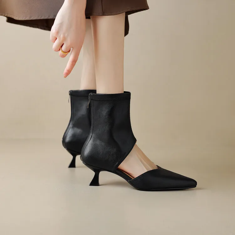 Spring/Summer Pointed-Toe Stiletto Heel Elastic Slim Fashion Ankle Boots with Hollow-Out Design Women's Boots 4-7t