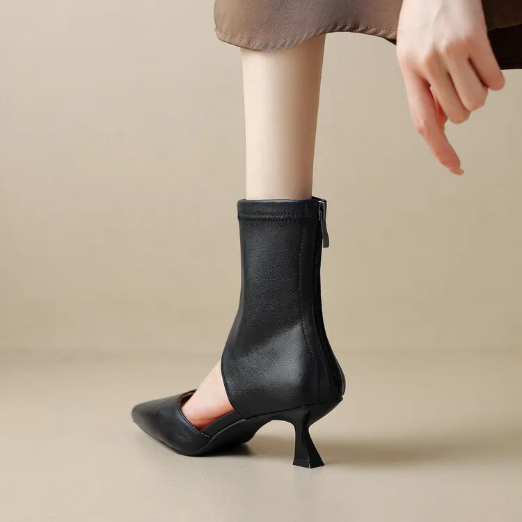 Spring/Summer Pointed-Toe Stiletto Heel Elastic Slim Fashion Ankle Boots with Hollow-Out Design Women's Boots 4-7t