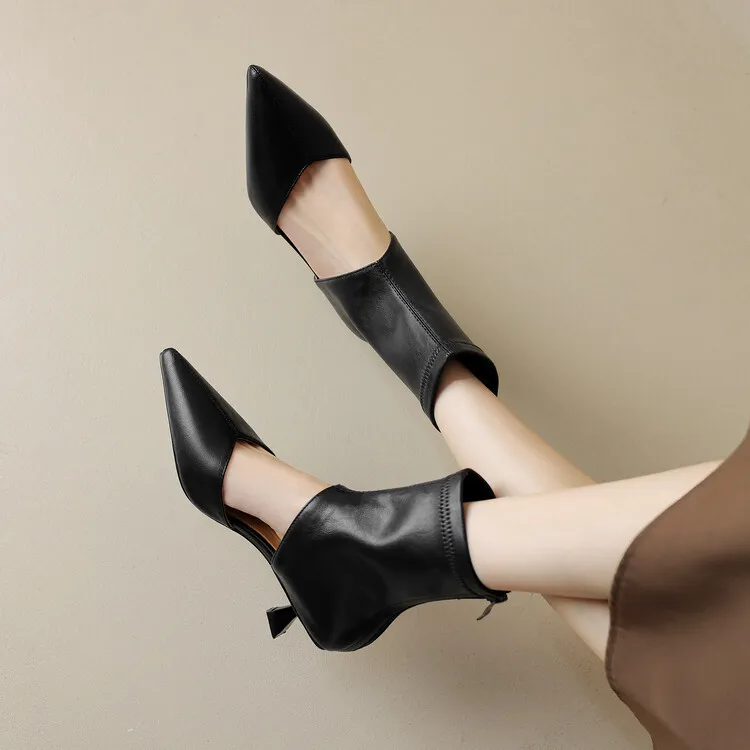 Spring/Summer Pointed-Toe Stiletto Heel Elastic Slim Fashion Ankle Boots with Hollow-Out Design Women's Boots 4-7t