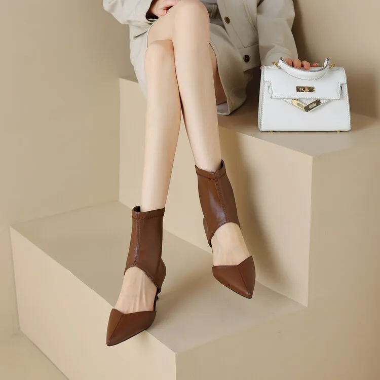 Spring/Summer Pointed-Toe Stiletto Heel Elastic Slim Fashion Ankle Boots with Hollow-Out Design Women's Boots 4-7t
