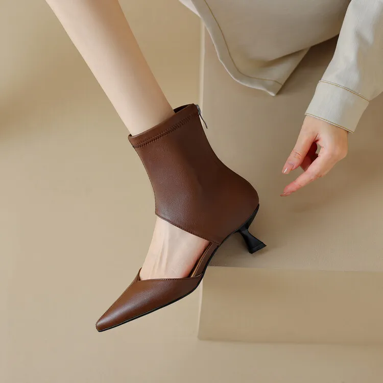 Spring/Summer Pointed-Toe Stiletto Heel Elastic Slim Fashion Ankle Boots with Hollow-Out Design Women's Boots 4-7t
