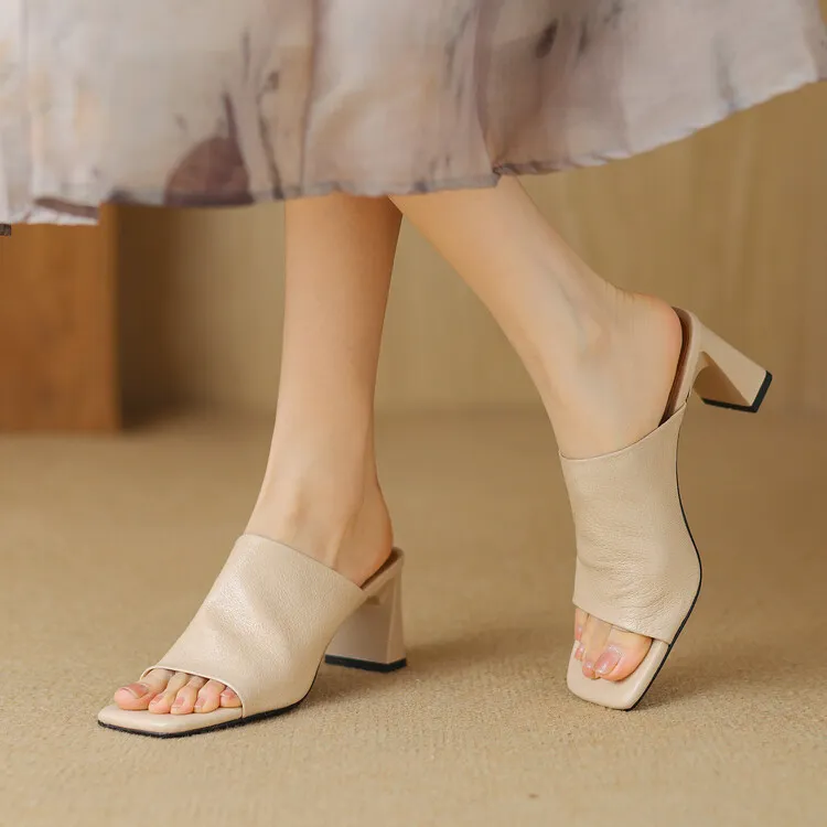Women's soft lambskin high-heeled slippers, fashionable summer sandals, chunky heel mules, open-toe sandals, size 4-11