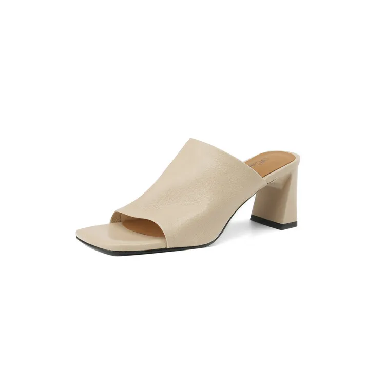 Women's soft lambskin high-heeled slippers, fashionable summer sandals, chunky heel mules, open-toe sandals, size 4-11