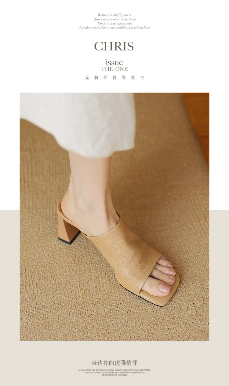 Women's soft lambskin high-heeled slippers, fashionable summer sandals, chunky heel mules, open-toe sandals, size 4-11