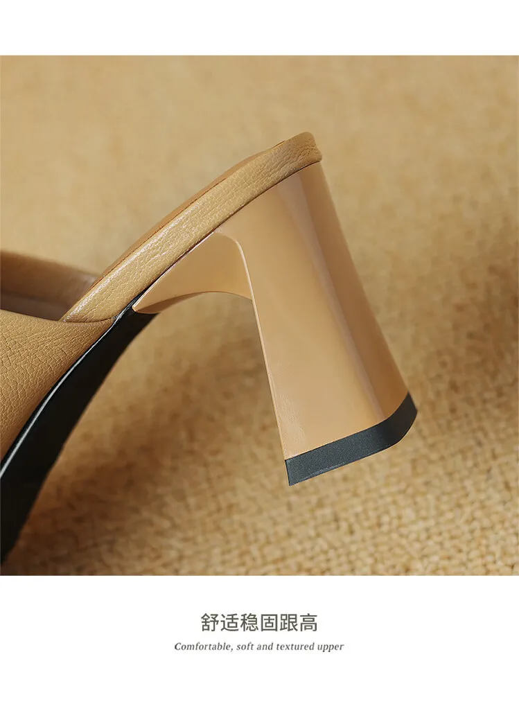 Women's soft lambskin high-heeled slippers, fashionable summer sandals, chunky heel mules, open-toe sandals, size 4-11