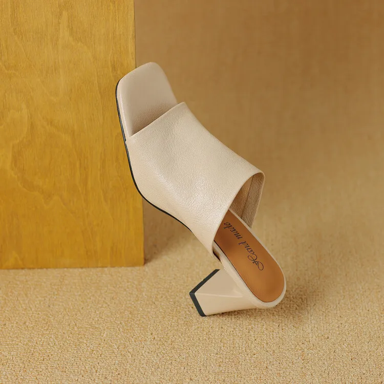 Women's soft lambskin high-heeled slippers, fashionable summer sandals, chunky heel mules, open-toe sandals, size 4-11