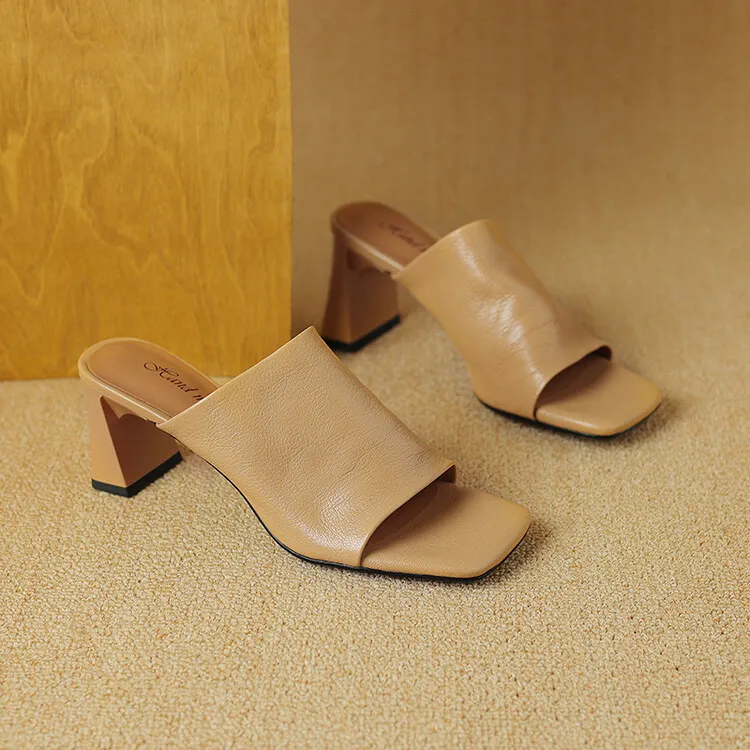 Women's soft lambskin high-heeled slippers, fashionable summer sandals, chunky heel mules, open-toe sandals, size 4-11