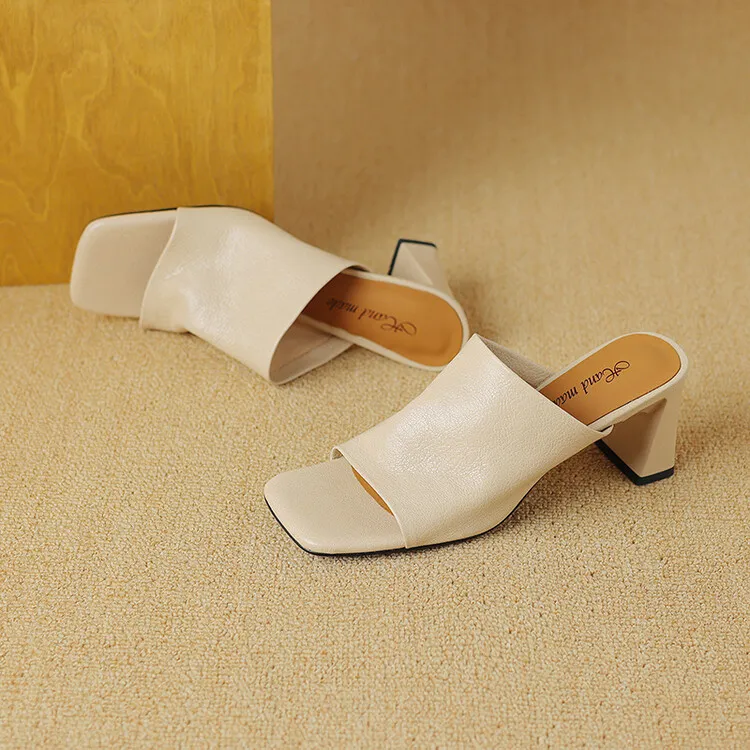 Women's soft lambskin high-heeled slippers, fashionable summer sandals, chunky heel mules, open-toe sandals, size 4-11