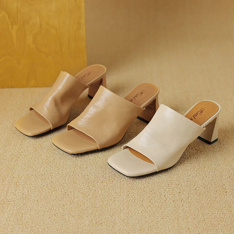 Women's soft lambskin high-heeled slippers, fashionable summer sandals, chunky heel mules, open-toe sandals, size 4-11