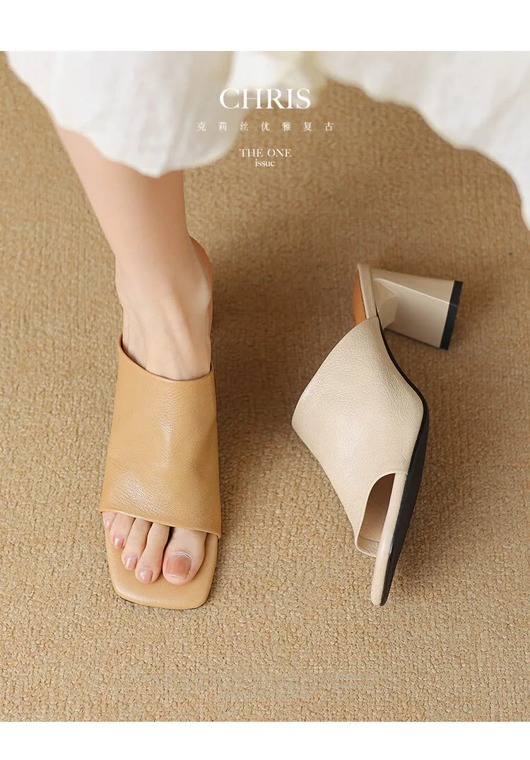 Women's soft lambskin high-heeled slippers, fashionable summer sandals, chunky heel mules, open-toe sandals, size 4-11