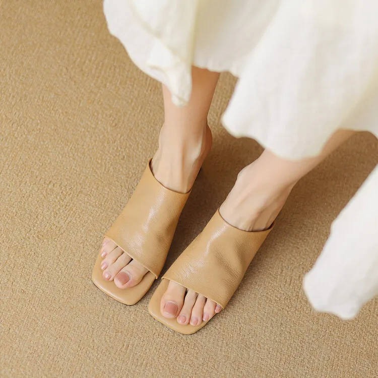 Women's soft lambskin high-heeled slippers, fashionable summer sandals, chunky heel mules, open-toe sandals, size 4-11