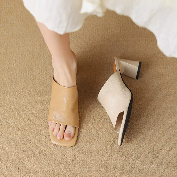 Women's soft lambskin high-heeled slippers, fashionable summer sandals, chunky heel mules, open-toe sandals, size 4-11