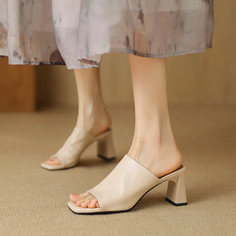 Women's soft lambskin high-heeled slippers, fashionable summer sandals, chunky heel mules, open-toe sandals, size 4-11