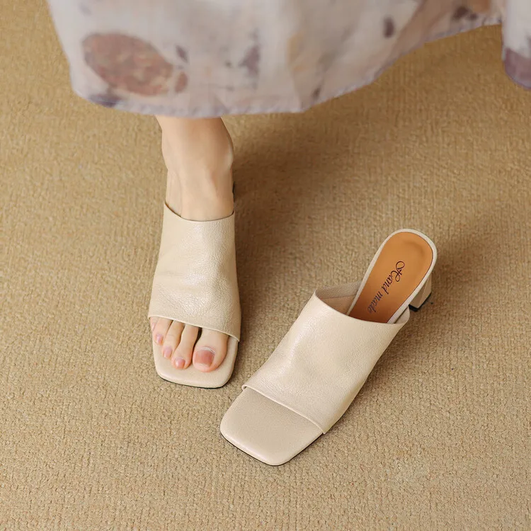 Women's soft lambskin high-heeled slippers, fashionable summer sandals, chunky heel mules, open-toe sandals, size 4-11