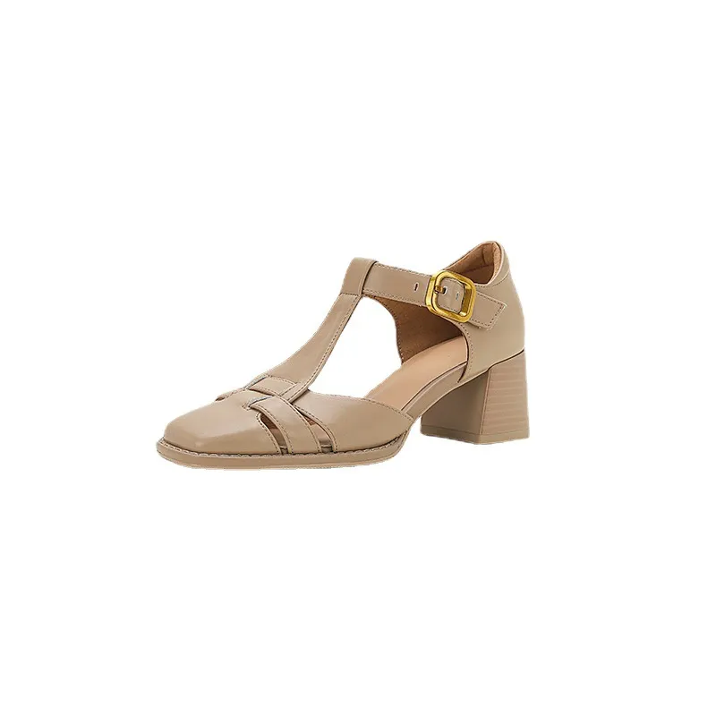 Comfortable and stylish summer chunky heeled high heels, genuine leather, square toe, French retro style, closed toe Roman sandals