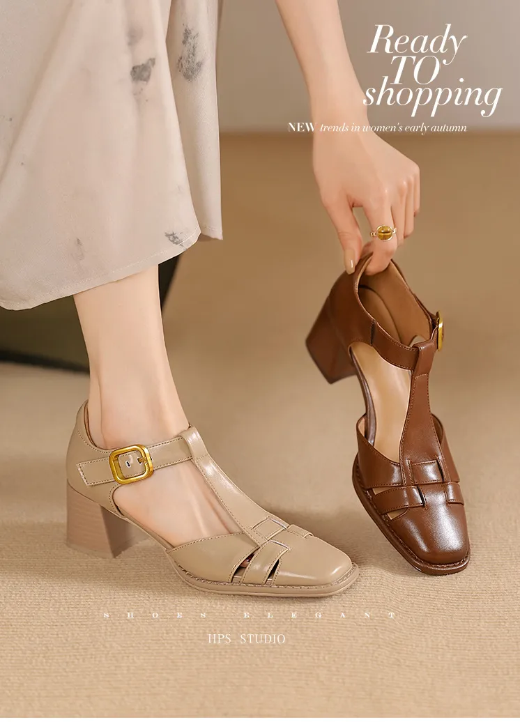 Comfortable and stylish summer chunky heeled high heels, genuine leather, square toe, French retro style, closed toe Roman sandals