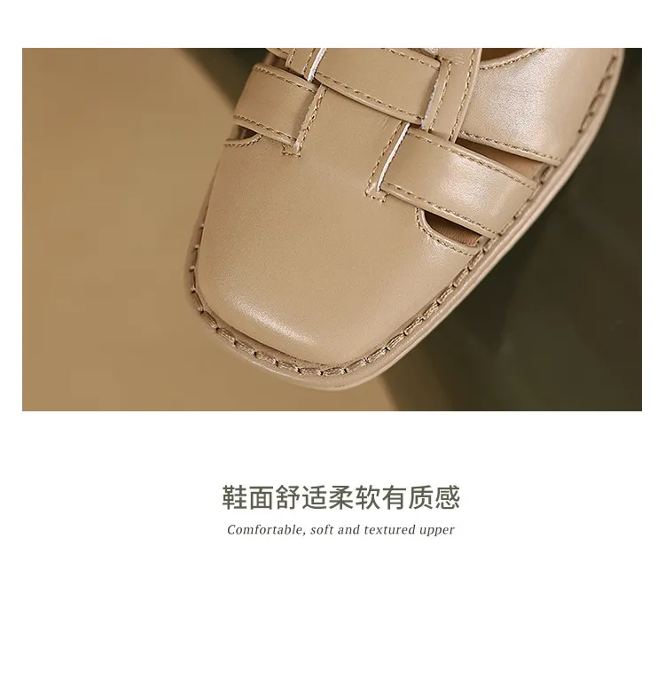 Comfortable and stylish summer chunky heeled high heels, genuine leather, square toe, French retro style, closed toe Roman sandals