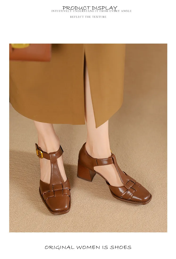 Comfortable and stylish summer chunky heeled high heels, genuine leather, square toe, French retro style, closed toe Roman sandals