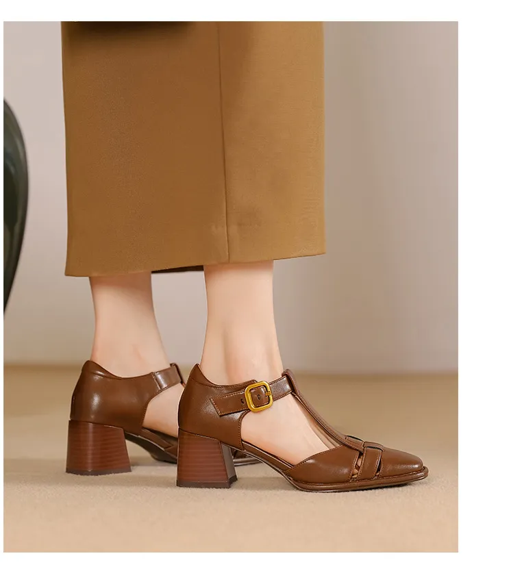 Comfortable and stylish summer chunky heeled high heels, genuine leather, square toe, French retro style, closed toe Roman sandals