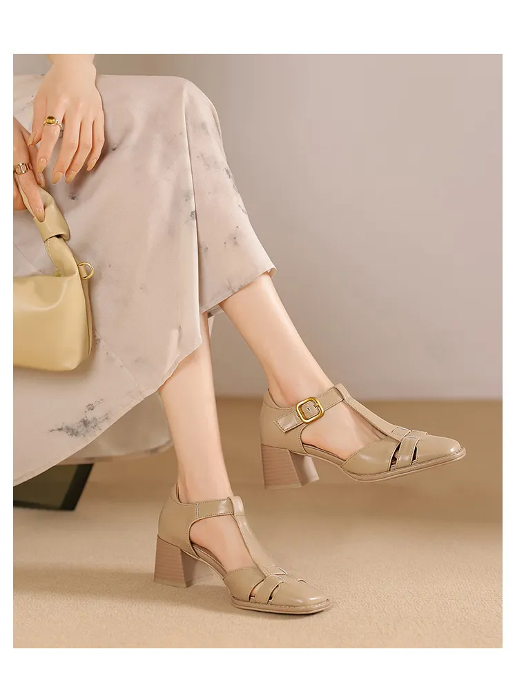 Comfortable and stylish summer chunky heeled high heels, genuine leather, square toe, French retro style, closed toe Roman sandals