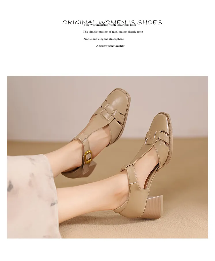 Comfortable and stylish summer chunky heeled high heels, genuine leather, square toe, French retro style, closed toe Roman sandals