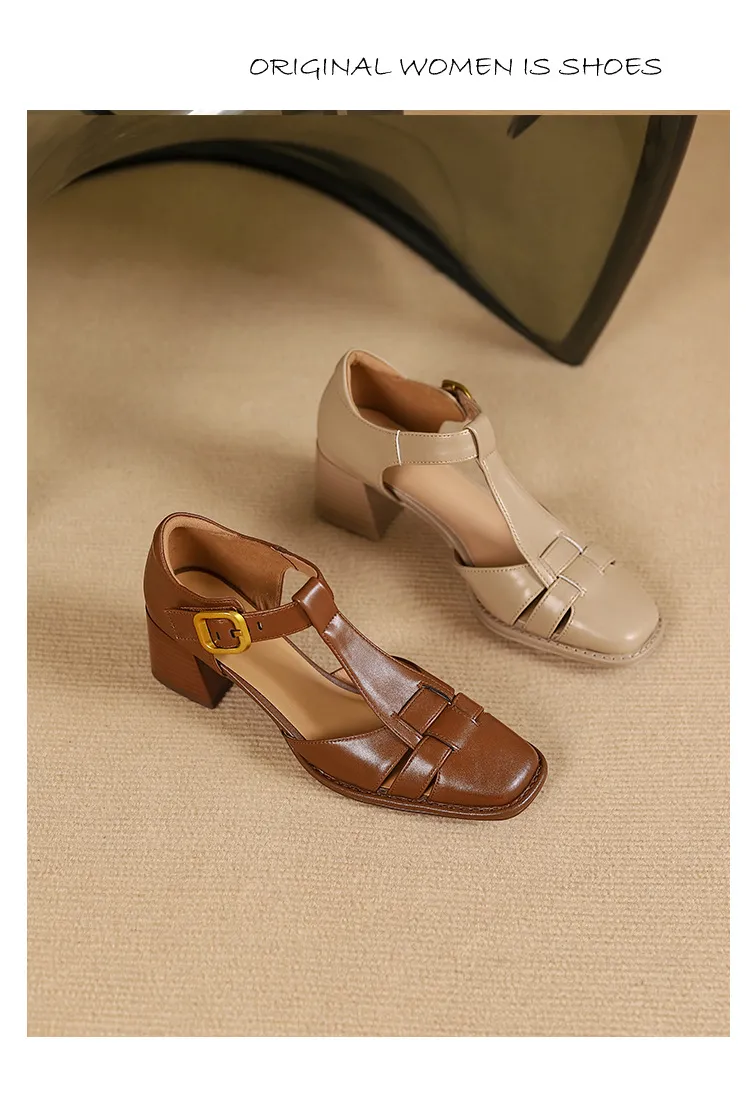 Comfortable and stylish summer chunky heeled high heels, genuine leather, square toe, French retro style, closed toe Roman sandals