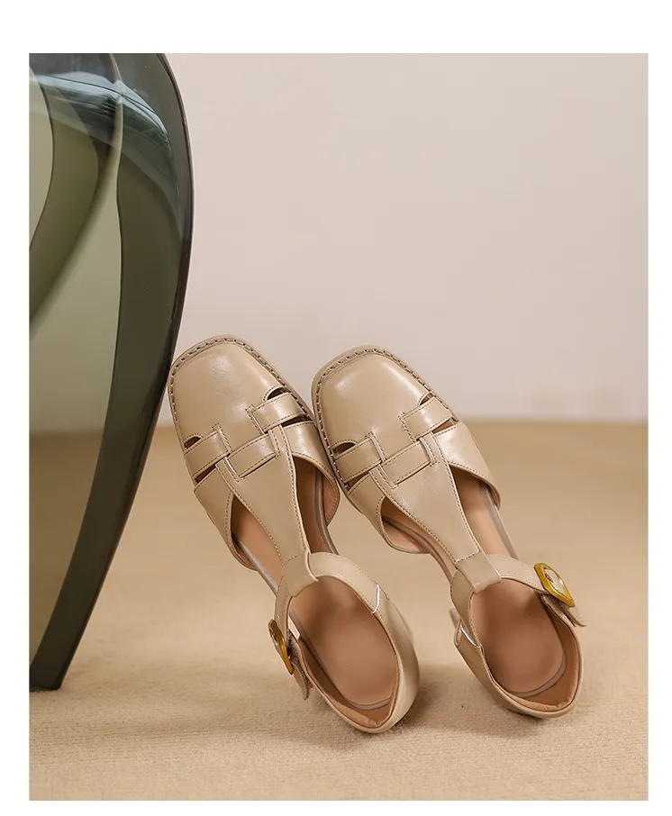 Comfortable and stylish summer chunky heeled high heels, genuine leather, square toe, French retro style, closed toe Roman sandals