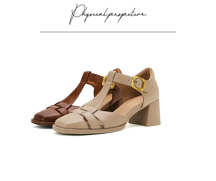 Comfortable and stylish summer chunky heeled high heels, genuine leather, square toe, French retro style, closed toe Roman sandals