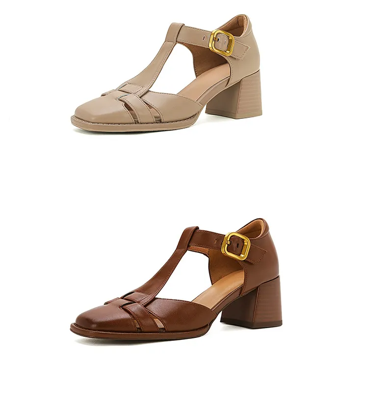 Comfortable and stylish summer chunky heeled high heels, genuine leather, square toe, French retro style, closed toe Roman sandals