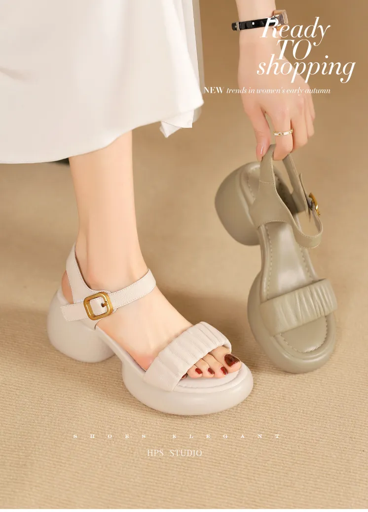 Lightweight, platform, strappy, open-toe, sheepskin casual women's sandals with a comfortable, "walking on clouds" feel.