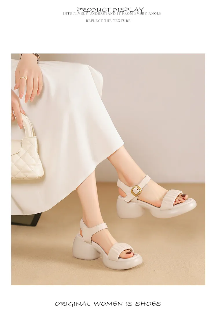 Lightweight, platform, strappy, open-toe, sheepskin casual women's sandals with a comfortable, "walking on clouds" feel.