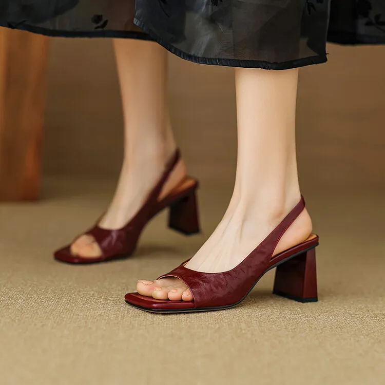 French retro square-toe strappy peep-toe sandals for women, chunky heels, soft leather, open toe, backless high heels for summer.
