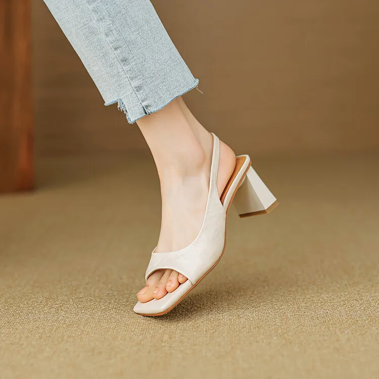 French retro square-toe strappy peep-toe sandals for women, chunky heels, soft leather, open toe, backless high heels for summer.