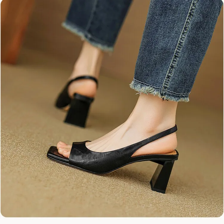 French retro square-toe strappy peep-toe sandals for women, chunky heels, soft leather, open toe, backless high heels for summer.