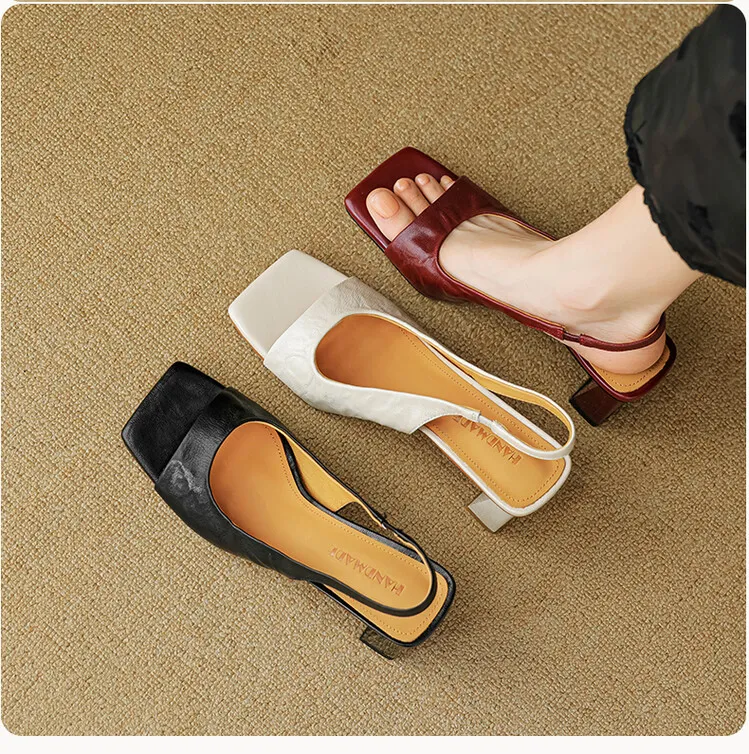 French retro square-toe strappy peep-toe sandals for women, chunky heels, soft leather, open toe, backless high heels for summer.