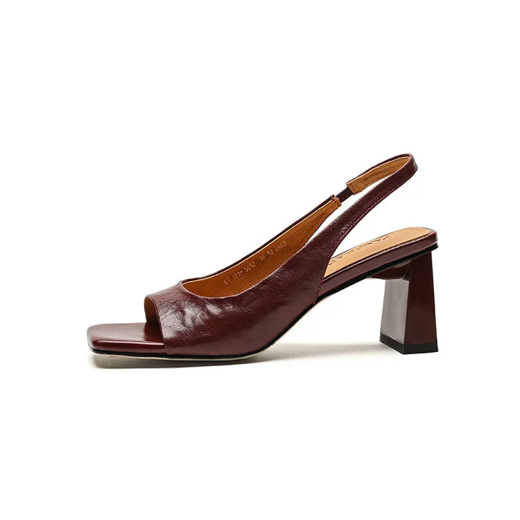 French retro square-toe strappy peep-toe sandals for women, chunky heels, soft leather, open toe, backless high heels for summer.