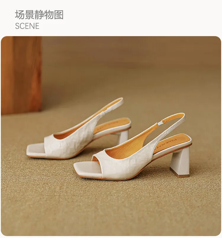 French retro square-toe strappy peep-toe sandals for women, chunky heels, soft leather, open toe, backless high heels for summer.