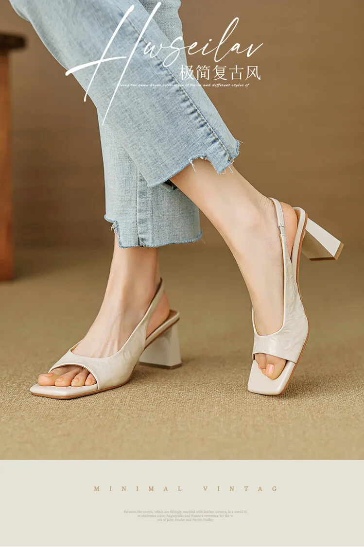 French retro square-toe strappy peep-toe sandals for women, chunky heels, soft leather, open toe, backless high heels for summer.