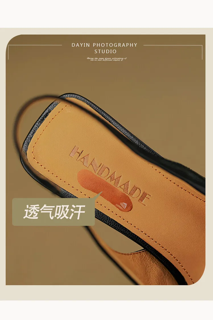 French retro square-toe strappy peep-toe sandals for women, chunky heels, soft leather, open toe, backless high heels for summer.