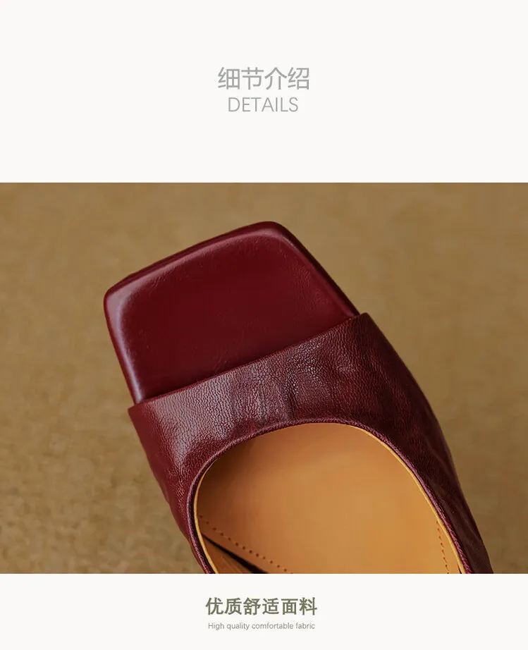French retro square-toe strappy peep-toe sandals for women, chunky heels, soft leather, open toe, backless high heels for summer.