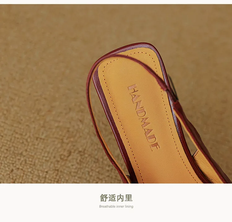 French retro square-toe strappy peep-toe sandals for women, chunky heels, soft leather, open toe, backless high heels for summer.