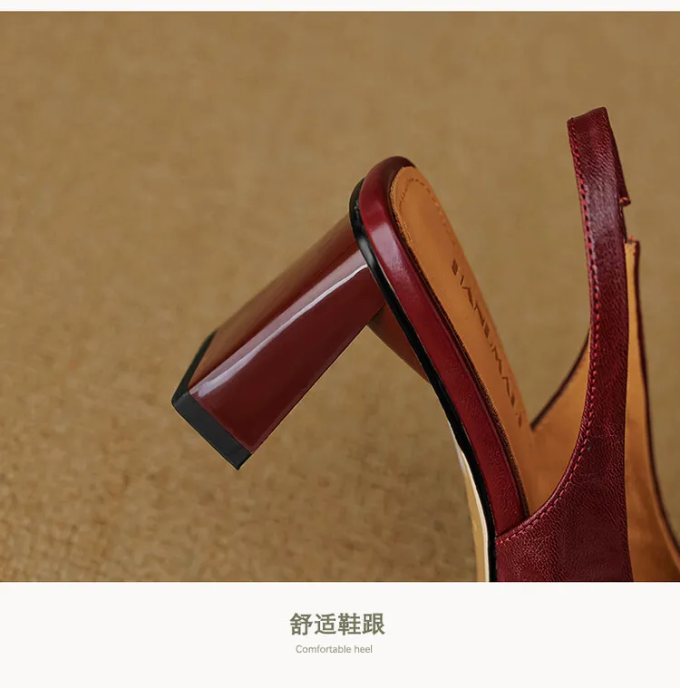 French retro square-toe strappy peep-toe sandals for women, chunky heels, soft leather, open toe, backless high heels for summer.