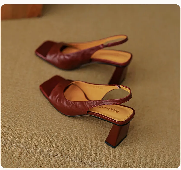 French retro square-toe strappy peep-toe sandals for women, chunky heels, soft leather, open toe, backless high heels for summer.