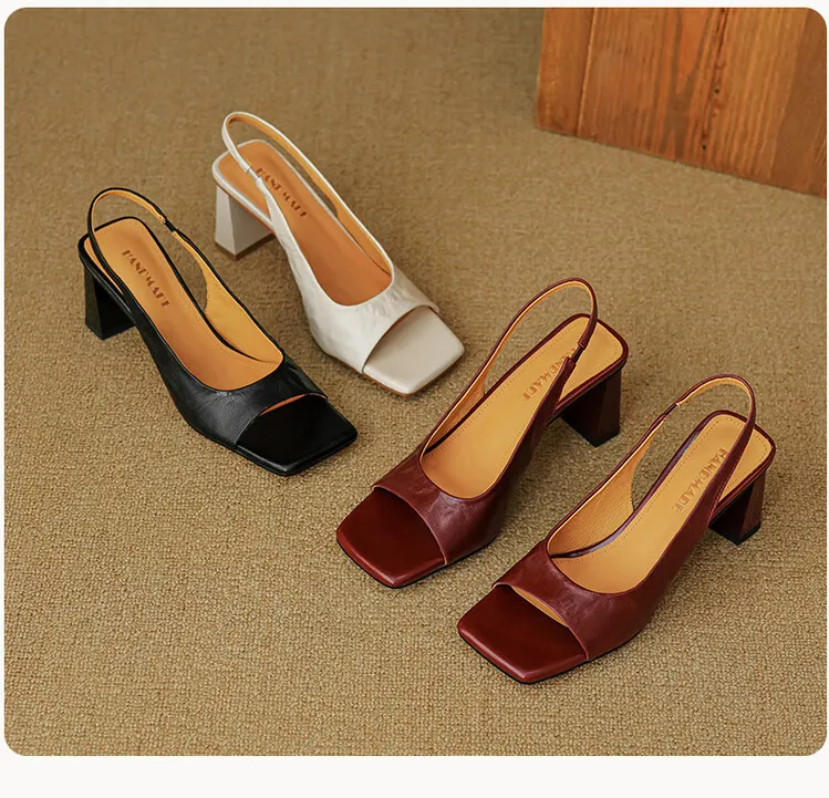 French retro square-toe strappy peep-toe sandals for women, chunky heels, soft leather, open toe, backless high heels for summer.