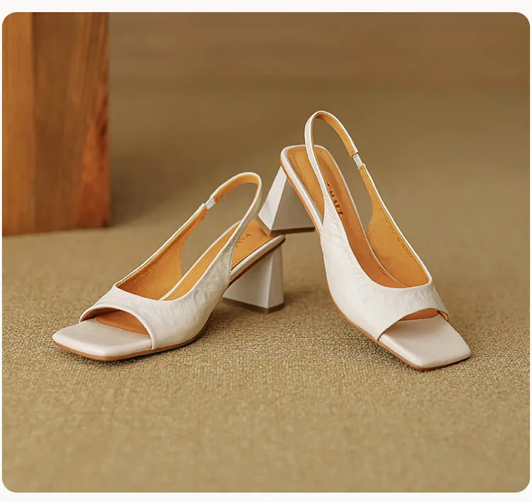 French retro square-toe strappy peep-toe sandals for women, chunky heels, soft leather, open toe, backless high heels for summer.