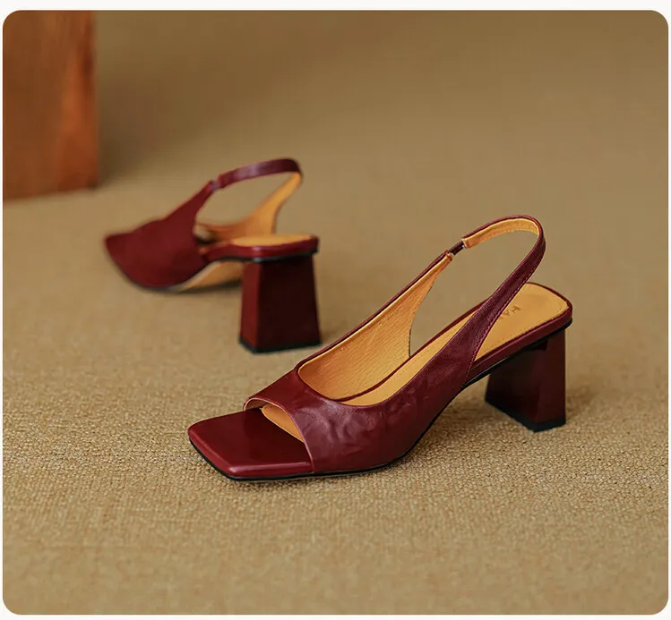 French retro square-toe strappy peep-toe sandals for women, chunky heels, soft leather, open toe, backless high heels for summer.
