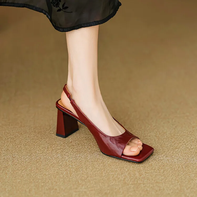 French retro square-toe strappy peep-toe sandals for women, chunky heels, soft leather, open toe, backless high heels for summer.