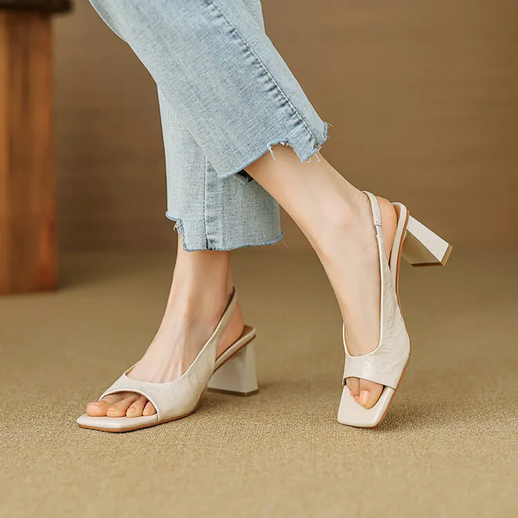 French retro square-toe strappy peep-toe sandals for women, chunky heels, soft leather, open toe, backless high heels for summer.